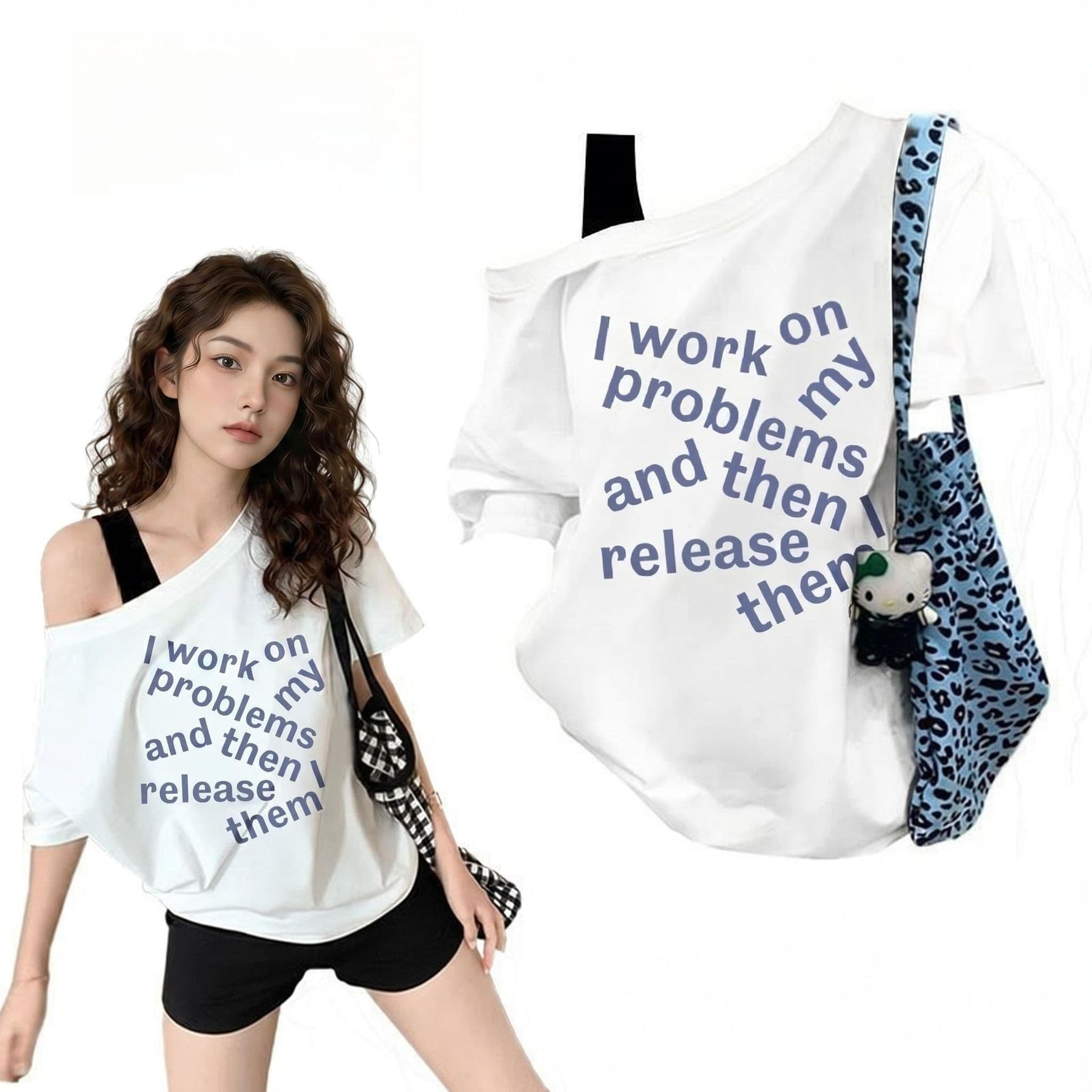 High-Elastic Cotton Plus-Size Women's Clothing 2026 Summer American-Style Trendy Letter Print Color-Blocking One-Shoulder Short-Sleeve T-Shirt