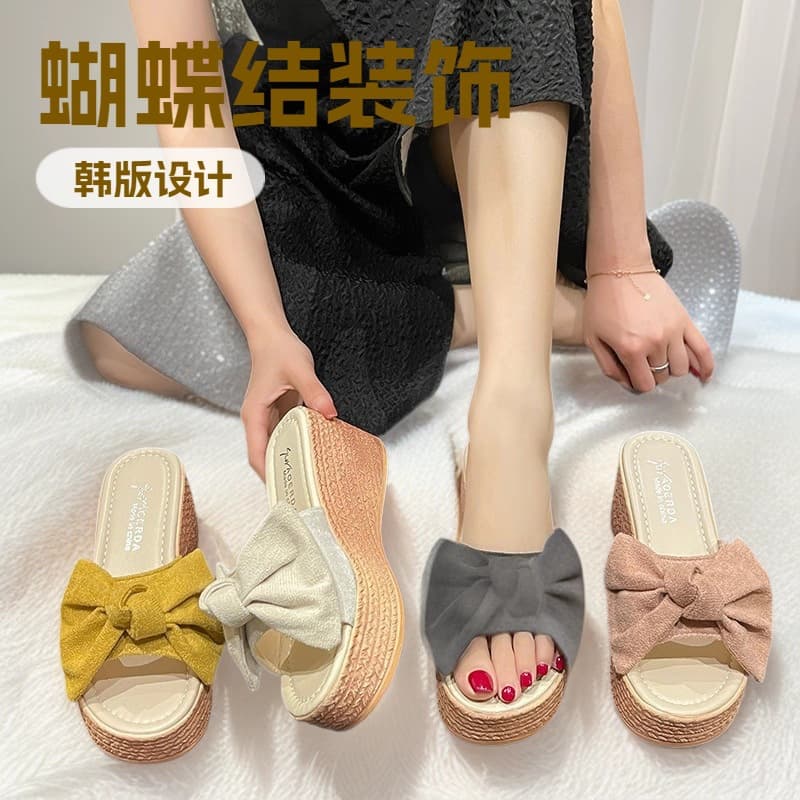 Women's Thick Platform Wedge Sandals 2025 Fashion Summer New Korean Style Outdoor Slippers with Bow and Chunky Sole