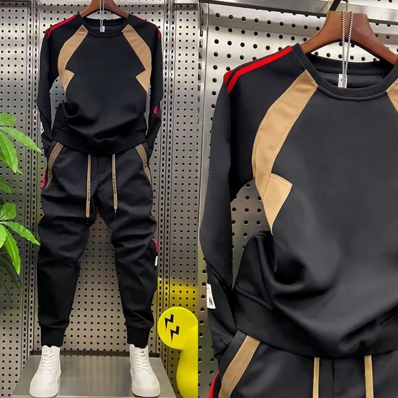 Autumn New Men's Sportswear Set Loose Versatile Patchwork Cuffed Casual Pants Round Neck Sweatshirt Long Sleeve Full Set