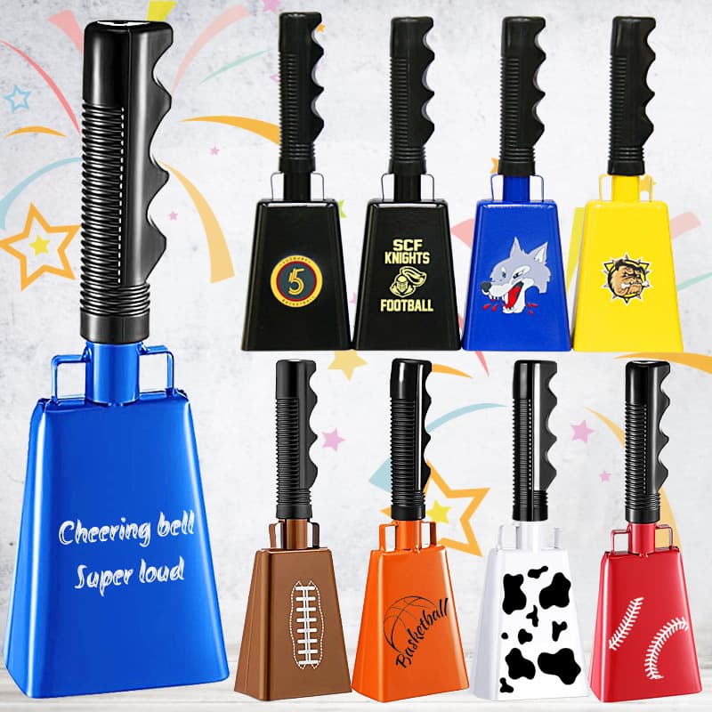 Cross-border exclusive supply of 9-inch hand-cranked cow bells for competitions, 8-inch square cow bells for cheering, long-handled square cow bells
