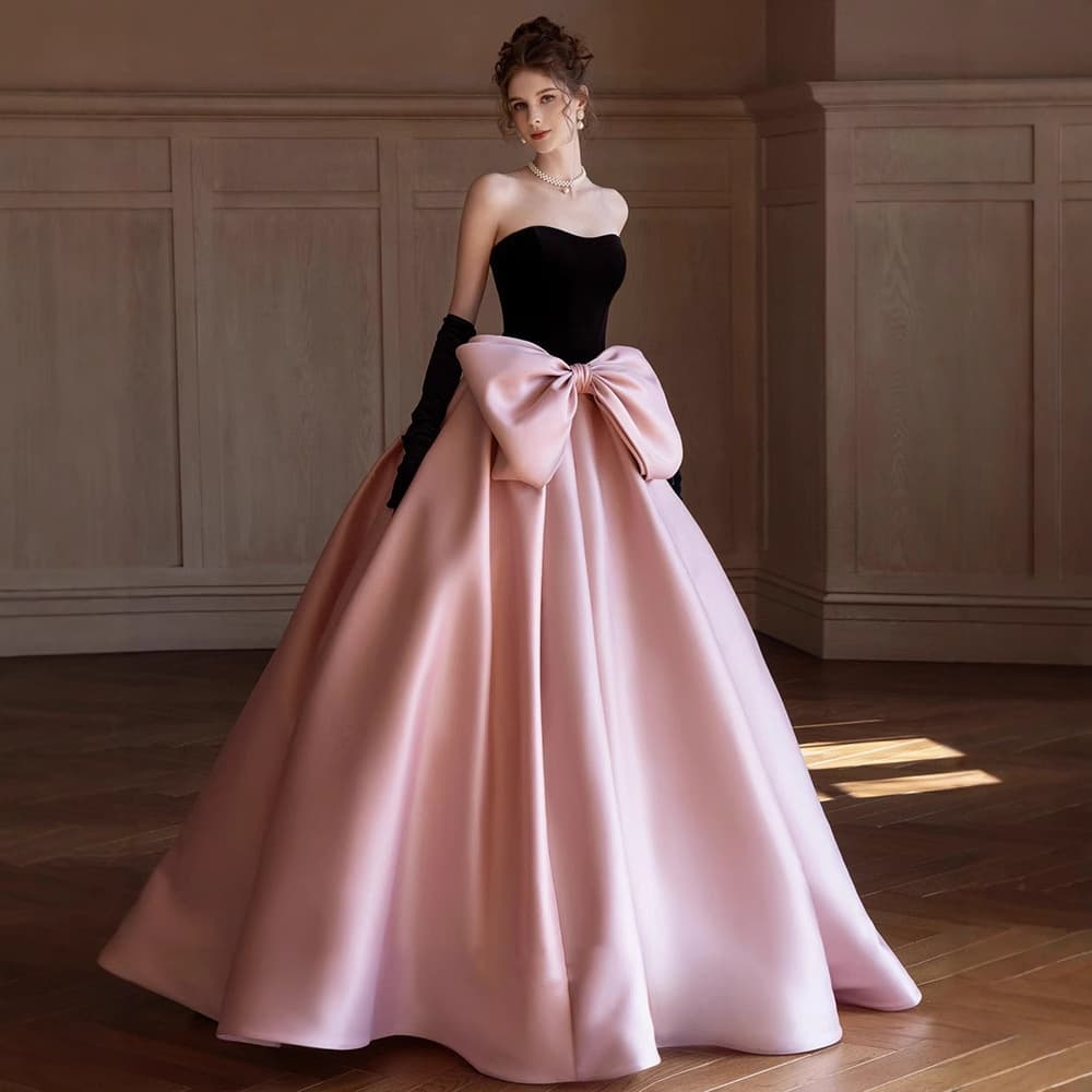 French Strapless Evening Gown Elegant High-End Hepburn Style Vintage Adult Ceremony Art Exam Bowknot Princess Puffy Dress