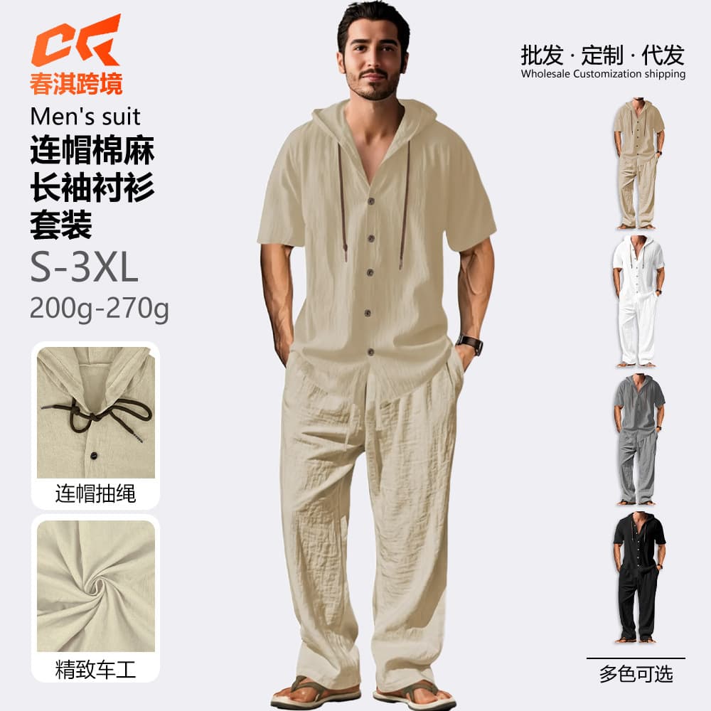 Cross-border Amazon European and American men's sports casual suit hooded cotton and linen long-sleeved shirt loose trousers suit for men