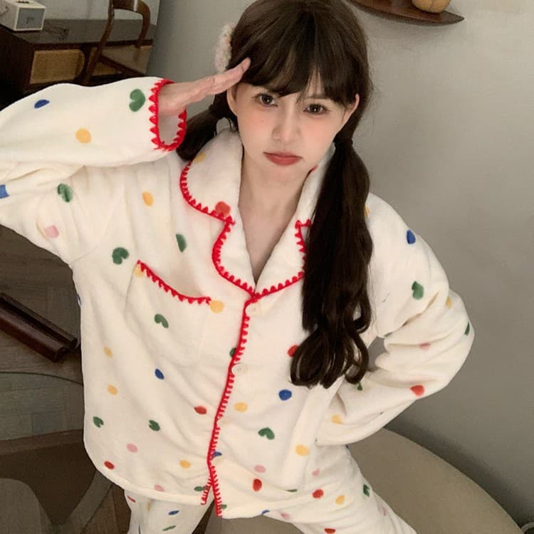 Thick Flannel Cardigan Pajamas for Women, Cute Polka Dot and Heart Print, Long Sleeve, Warm Fleece, Girls' Loungewear Set