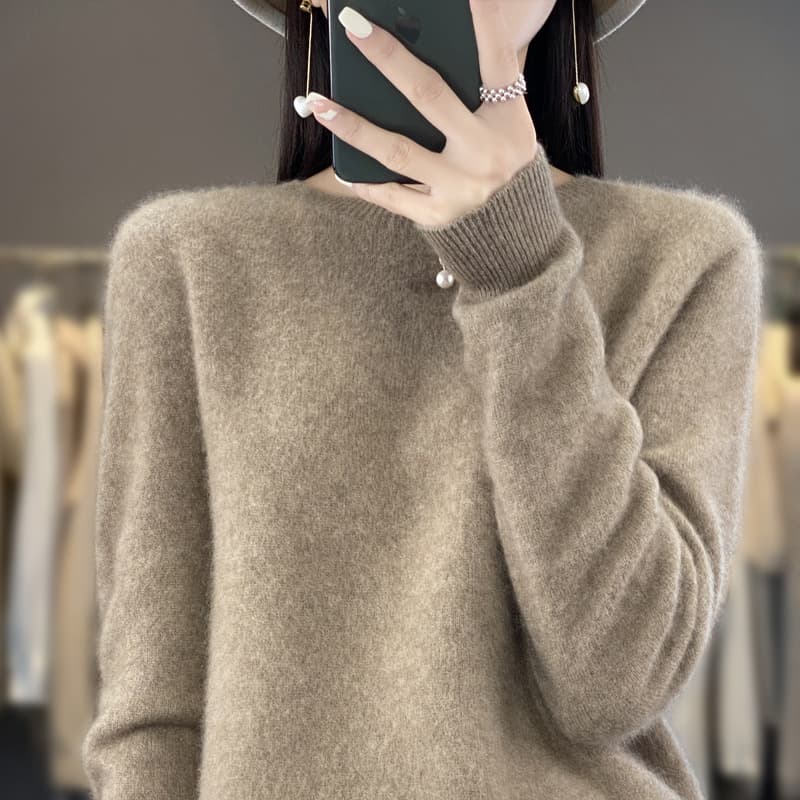 New Autumn/Winter One-Piece Knit Round Neck Wool Sweater for Women, Loose Knit Base Layer Long Sleeve Solid Color Top