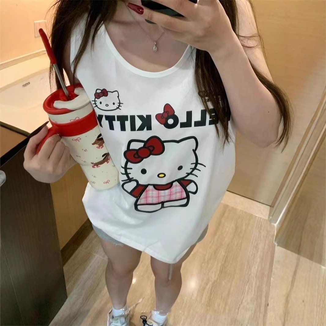 Summer Hot Sale American Kitty Cat Print Vest T-Shirt Women's Loose Trendy Spice Girl Sleeveless Casual Sports Top