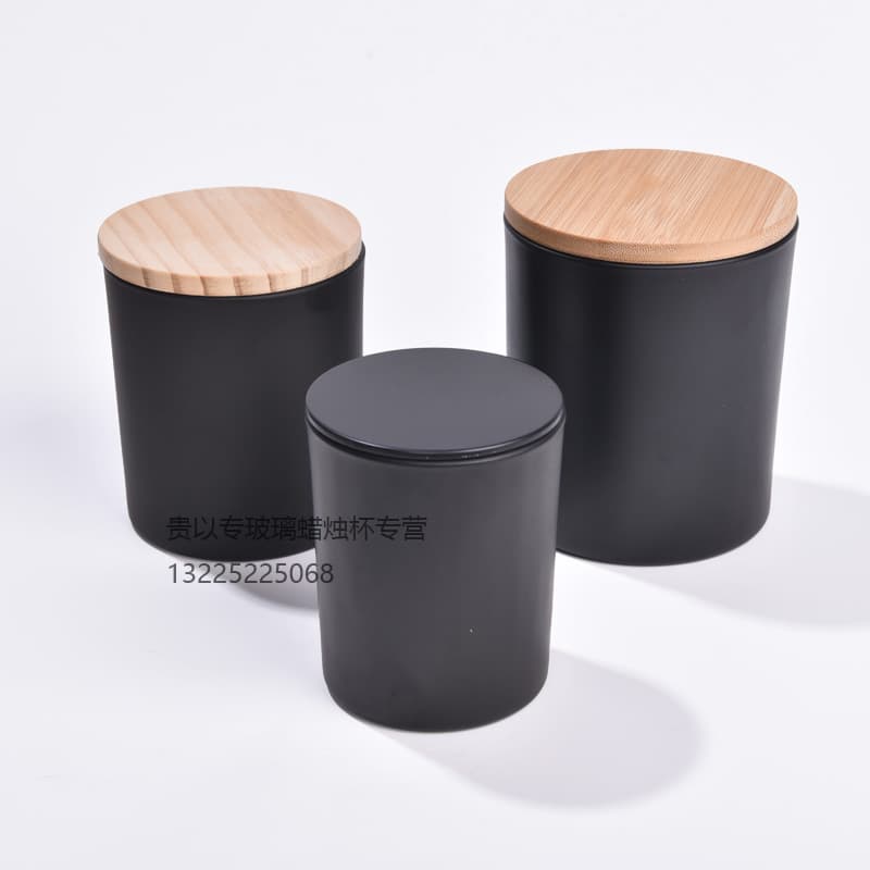 In stock 430ml matte black glass jar candle cup, colored aromatherapy candle holder, zinc alloy imitation lid, bamboo lid, iron lid