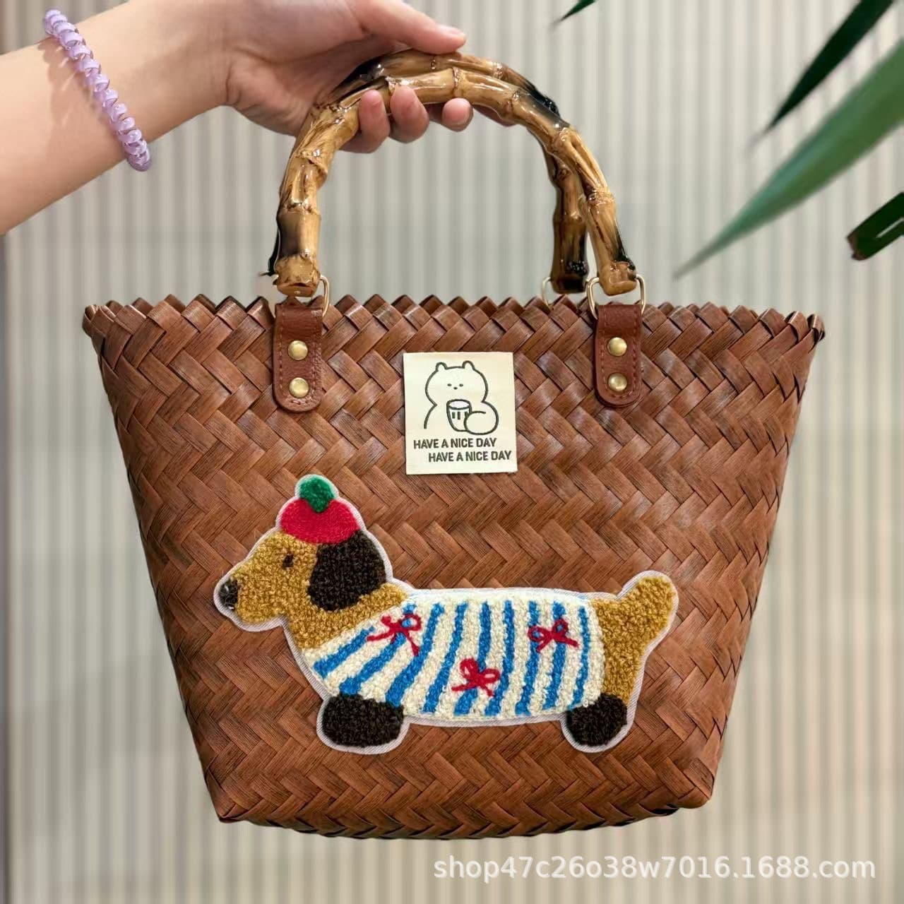 Bamboo Knot Woven Bag Dachshund Woven Basket Vintage Rattan Handbag Pure Handmade Bamboo Beach Bag
