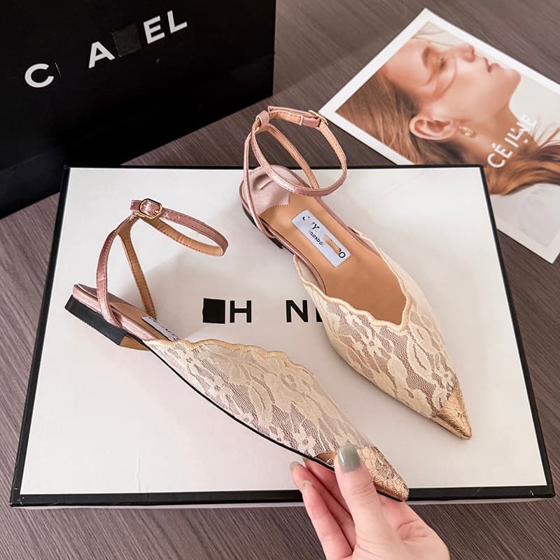 2026 Hot Style JC New One-Strap Thin Heel Closed-Toe Sandals, Elegant Sexy Lace Pointed Toe Gold Splice High Heels