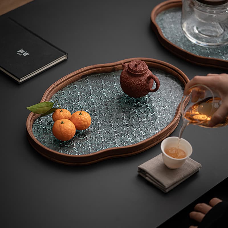 Home Tea Room Fruit and Snack Plate, Japanese Begonia Flower Glass Tea Tray, Fruit Plate, Bamboo Tea Tray