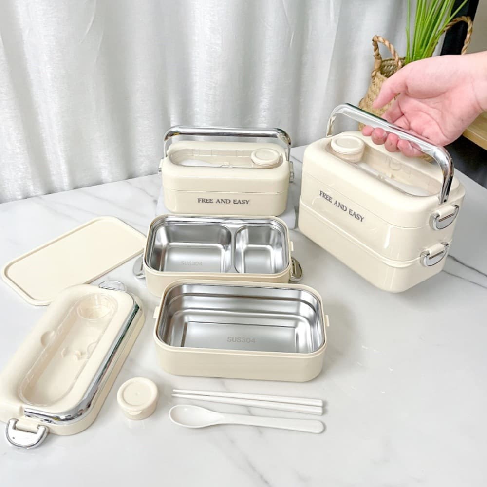 304 stainless steel double-layer insulated lunch box with handle portable lunch box with cutlery large capacity divided lunch box ins