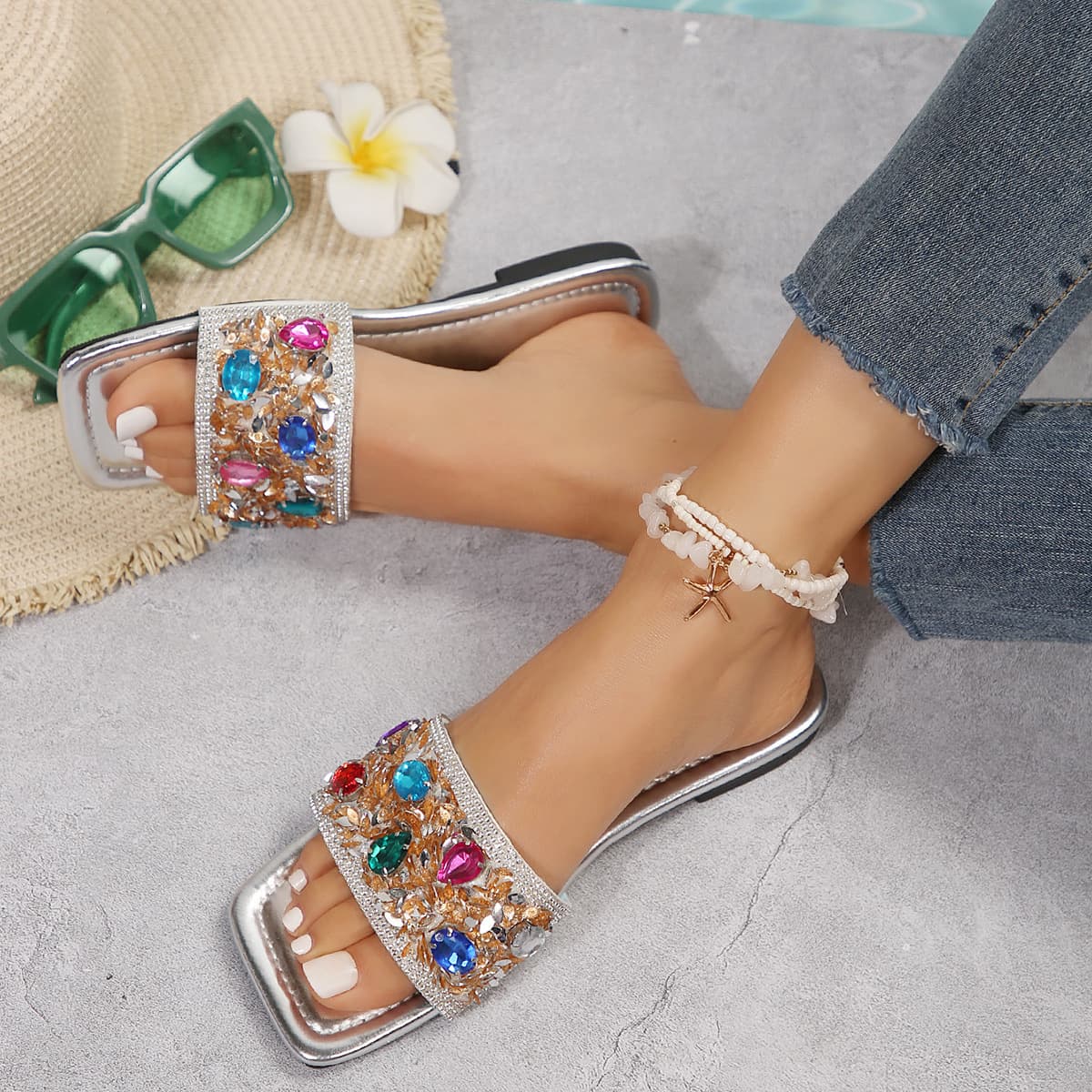 Slippers 2025 Summer New European American Export Colorful Rhinestone Shiny Flip Flops Women's One-Band Outdoor Sandals