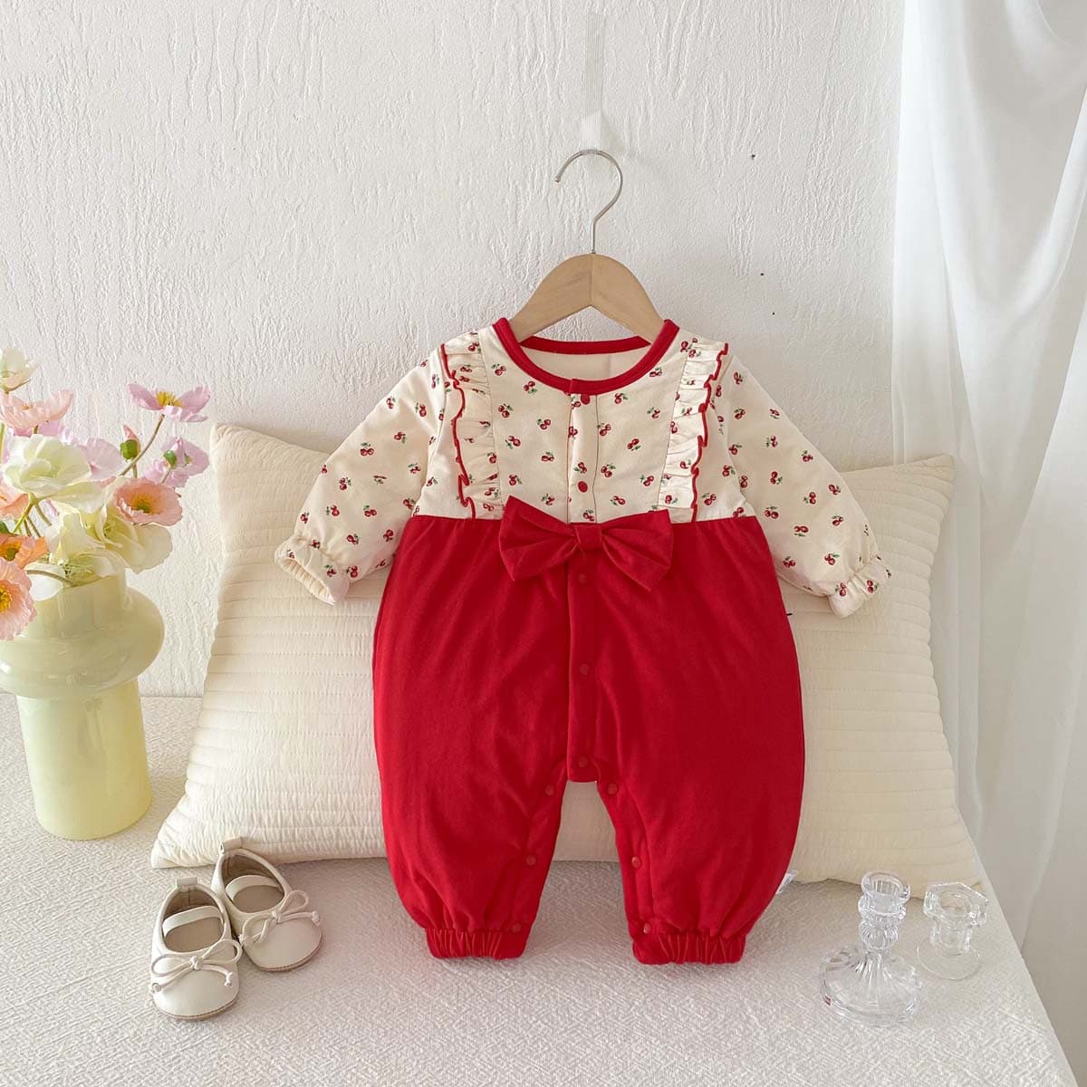 Korean Style 2026 New Year Romper for Girls Red Bow Bodysuit Newborn Festive Fleece-Lined Warm New Year Clothes