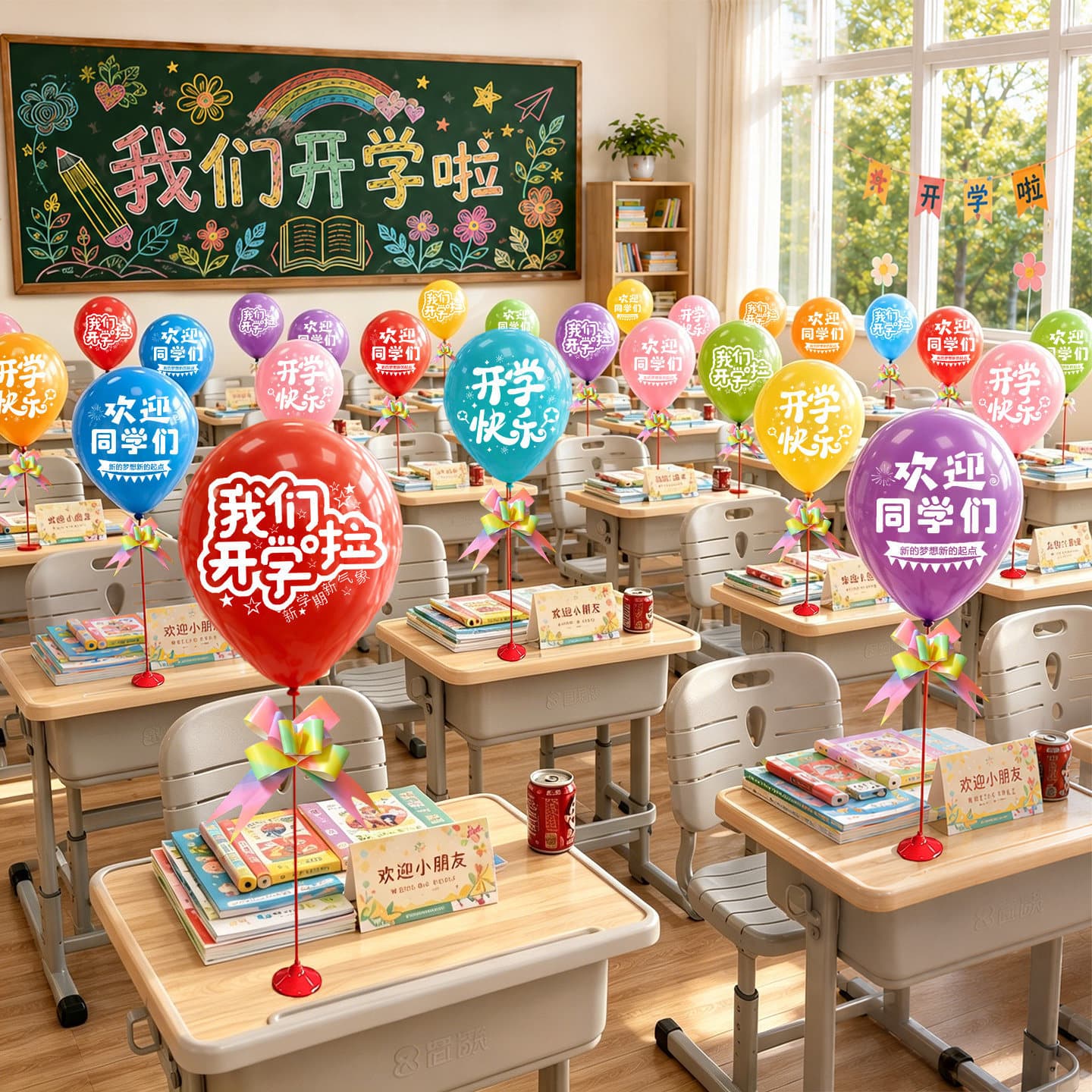 Classroom desktop scene layout for the opening season of the school year, small gifts for the ceremony, atmospheric decorative balloons, supplies for the new semester