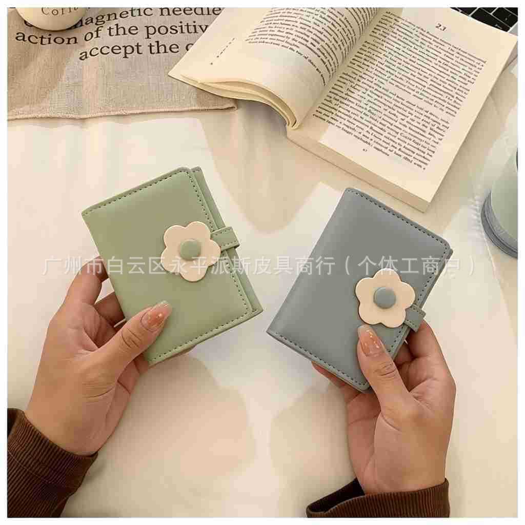 Fresh Floral Student Wallet Fashion Short Coin Purse PU Buckle ID Card Holder Anti-Magnetic Tri-Fold Wallet for Export