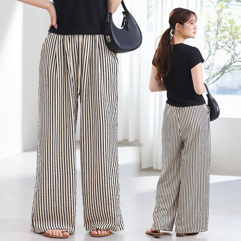 Women's Polyester-Cotton Striped Wide-Leg Pants Spring Summer Lightweight Relaxed Plus Size Loose Pocket Casual Pants Elastic Waist Drawstring Trousers