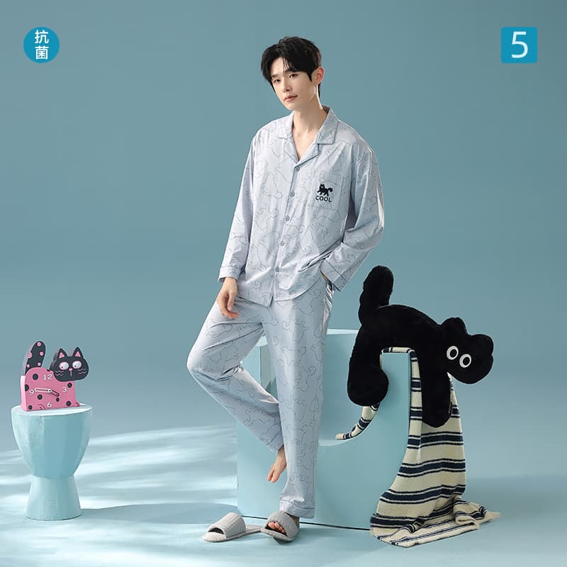 [Antibacterial Xinjiang Cotton] Category a autumn men's pure cotton long-sleeved pajamas pull-up cotton cat simple drawing home clothes