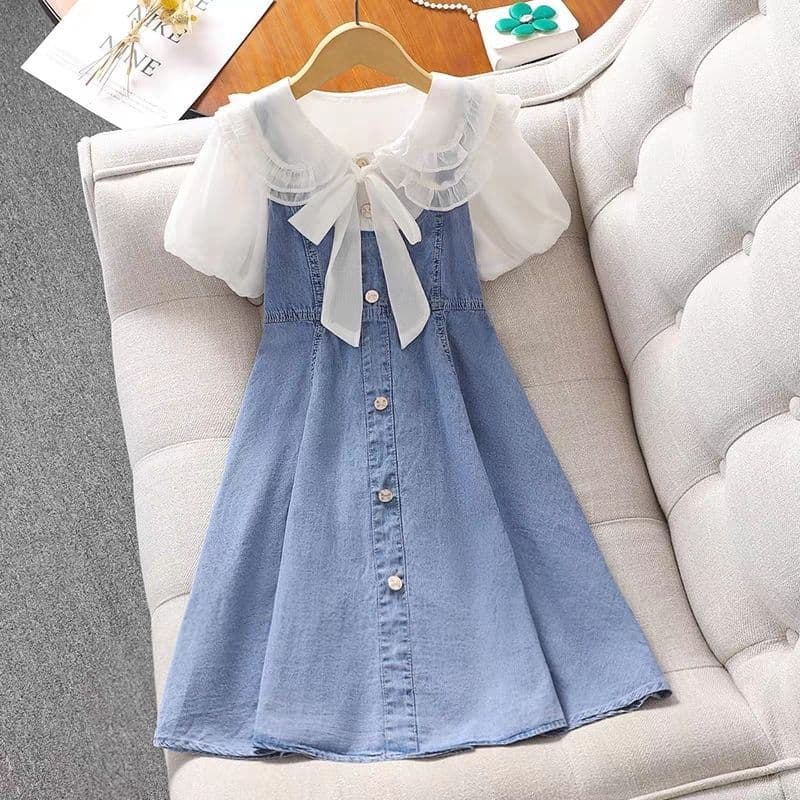 Girls' Summer Dress 2025 New Style Children's Bubble Sleeve Denim Dress Fashionable Princess Dress for Older Girls