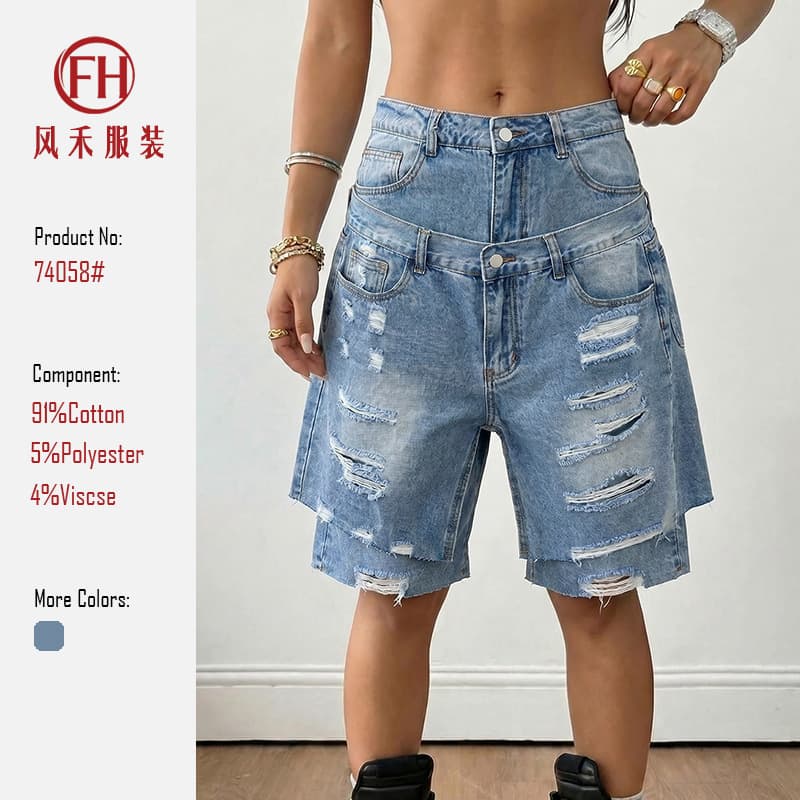 Summer new foreign trade women's denim shorts Amazon AliExpress fake two-piece ripped niche design five-point pants