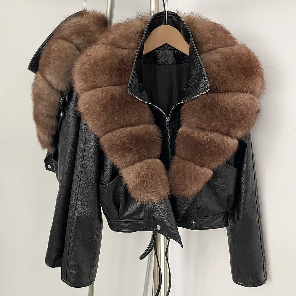 Short Turn-Down Collar Fox Fur Leather Jacket for Women, Versatile Biker Style PU Leather Jacket, Spring Autumn Short Coat
