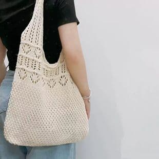Hollow Woven Shoulder Bag Women Large Capacity Tote Bag Hand Crochet Beach Vacation Commute Versatile Bag