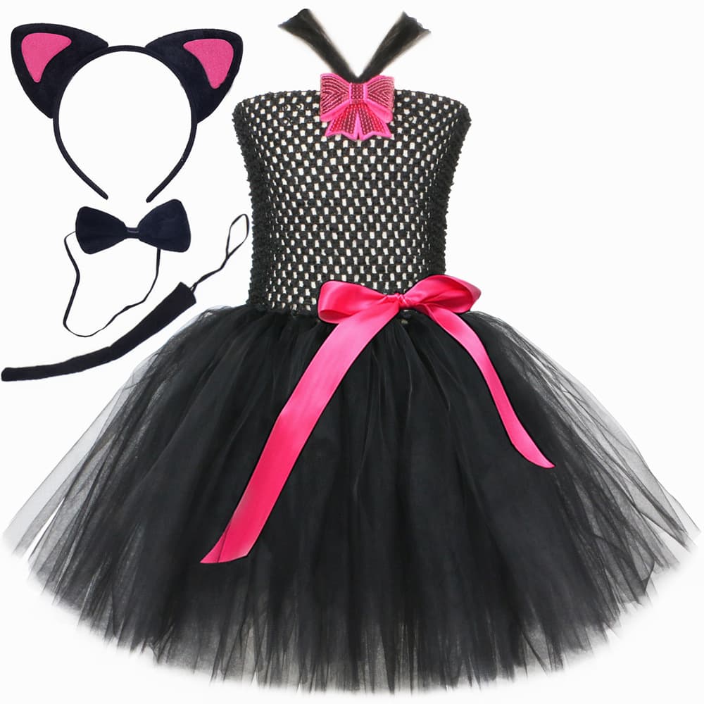 Cross-border children's Halloween performance costumes COS black cat mesh tutu skirt dress suit girls gauze skirt