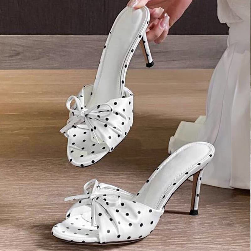 French Polka Dot Bow Satin Stiletto Slide Sandals for Women Summer 2026 New Style High Heel Sandals for Dresses