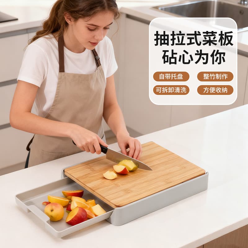 Household Kitchen Fruit Bamboo Cutting Board Thickened Chopping Board Pull-Type Dual-Use Cutting Board Rolling Pin Meat Chopping Custom