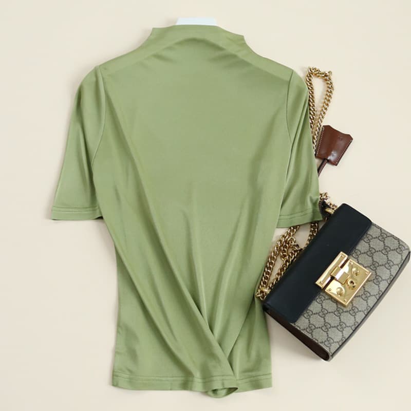 Tangge Summer Knitted Silk Half High Collar Base Shirt Mulberry Silk T-Shirt Short Sleeve Women Elegant Loose Breathable