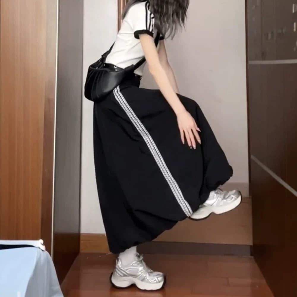 Black Lace Striped Utility Skirt, Spring/Summer Plus Size Slimming Long Skirt, Pear-Shaped Figure Floral Hem Skirt