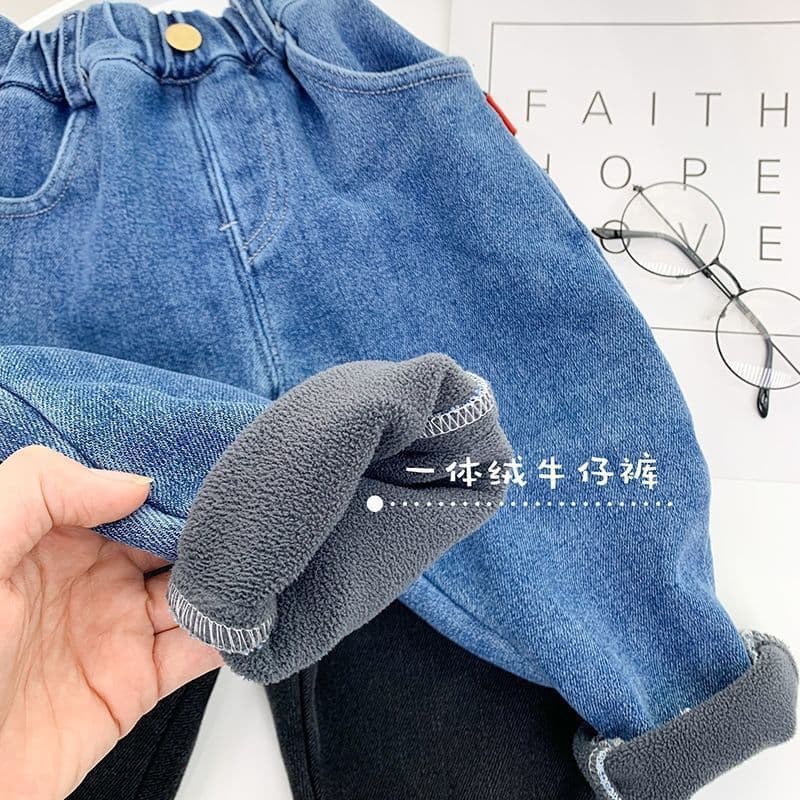 Boys' Fleece-Lined Jeans Children's Thickened Pants New Autumn and Winter Elastic Long Pants for Toddlers and Young Children