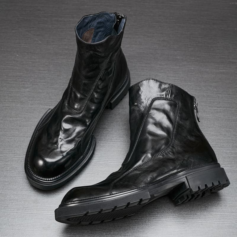 Calfskin Men's Boots Winter High-Top Shoes Thick Sole Mid-Top Fashion Chelsea Boots Round Toe Short Boots Motorcycle Martin Boots