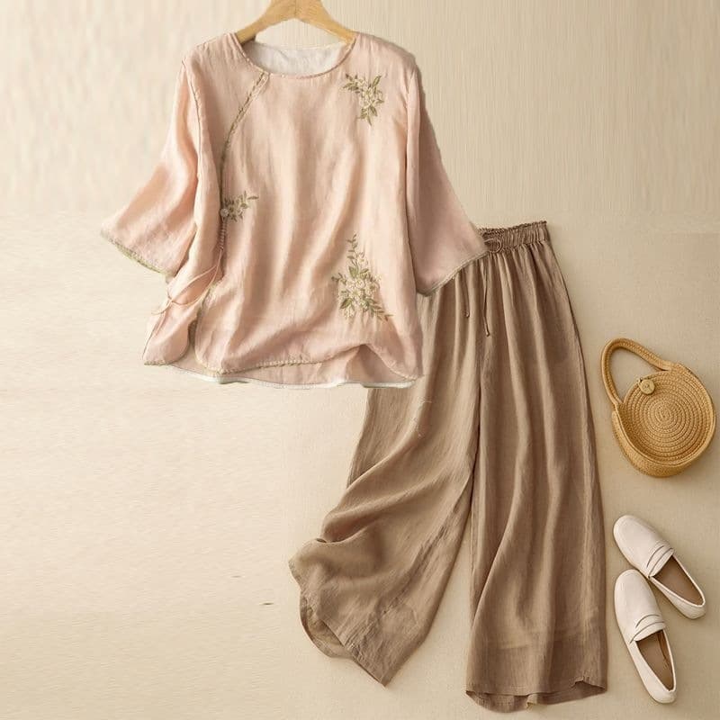 Large size summer clothes for middle-aged women's mothers cotton and linen suits ethnic style new Chinese style linen wide-leg pants two-piece set