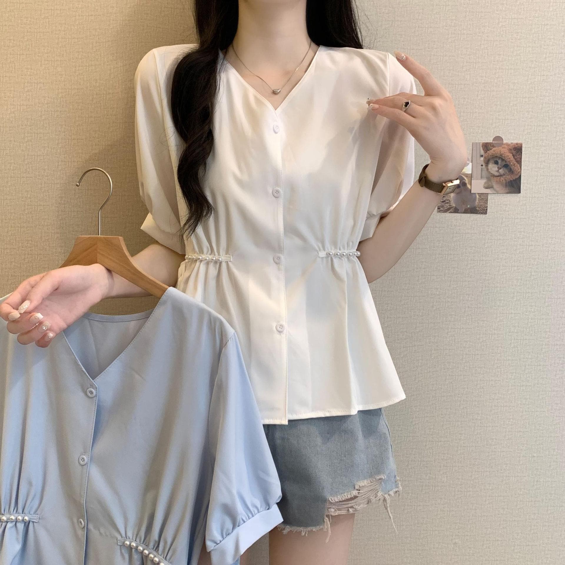 Plus-Size Women's Summer French-Style Waist-Cinching V-Neck Chiffon Short-Sleeve Shirt, Tummy-Concealing Slimming Puff-Sleeve Top
