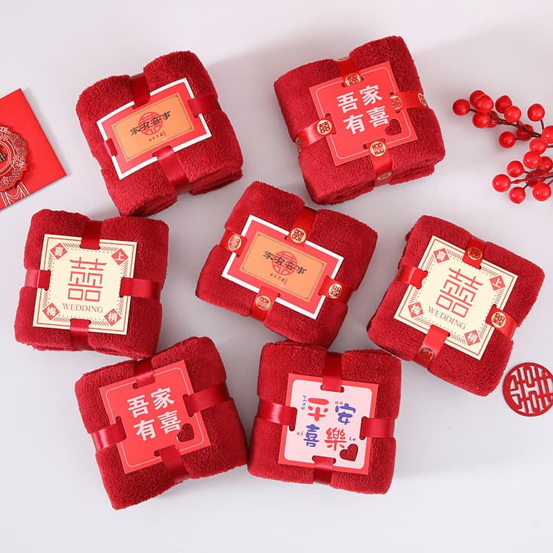 Coral Fleece "Double Happiness" Square Absorbent Towels for Wedding Favors and Creative Gift Boxes