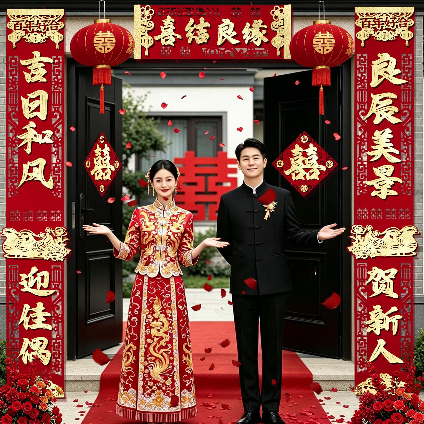 Wedding Couplets for Groom's Rural Entrance Door Decoration with Adhesive Backing, for Bride's Wedding Setup