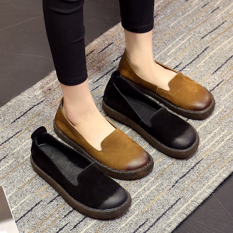 Spring New Retro Grandma Shoes Genuine Leather Flat Shallow Slip-On Women's Shoes Non-Slip Soft Sole Maternity Shoes Women's Casual Shoes