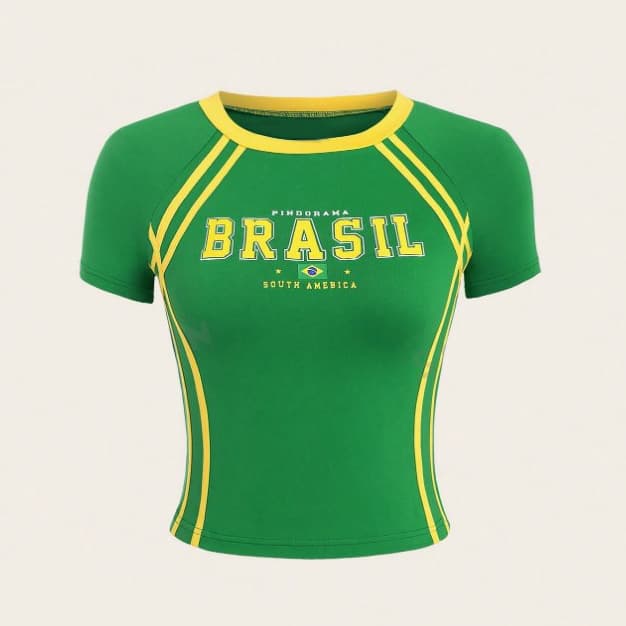 Amazon 2024 European and American Short Sleeve Top Green Summer T-Shirt Letter Print T-Shirt Crop Top Women's Top