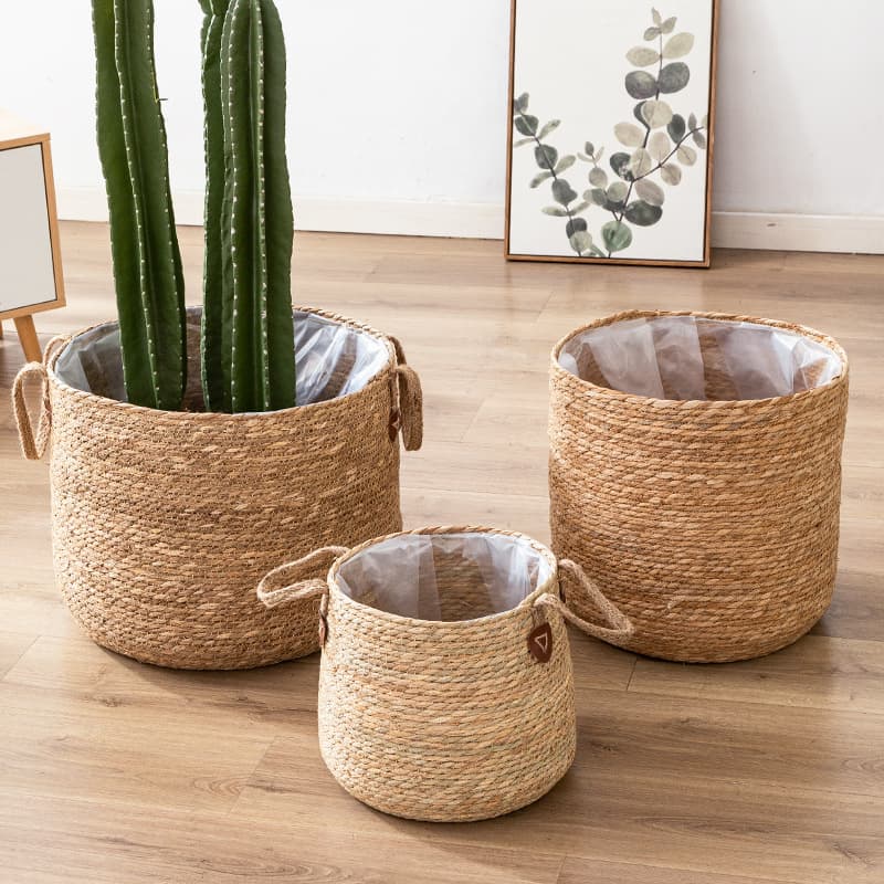Cross-border simple rattan flower pots, woven flower baskets, straw woven floor-standing ornaments, potted green plant pot sets, living room breathable flower baskets