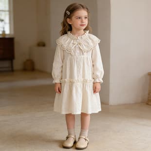 Girls' Dress French Lace Trim Spring/Autumn New Style Kids' Big Collar Long Sleeve Princess Dress for Girls Cross-border
