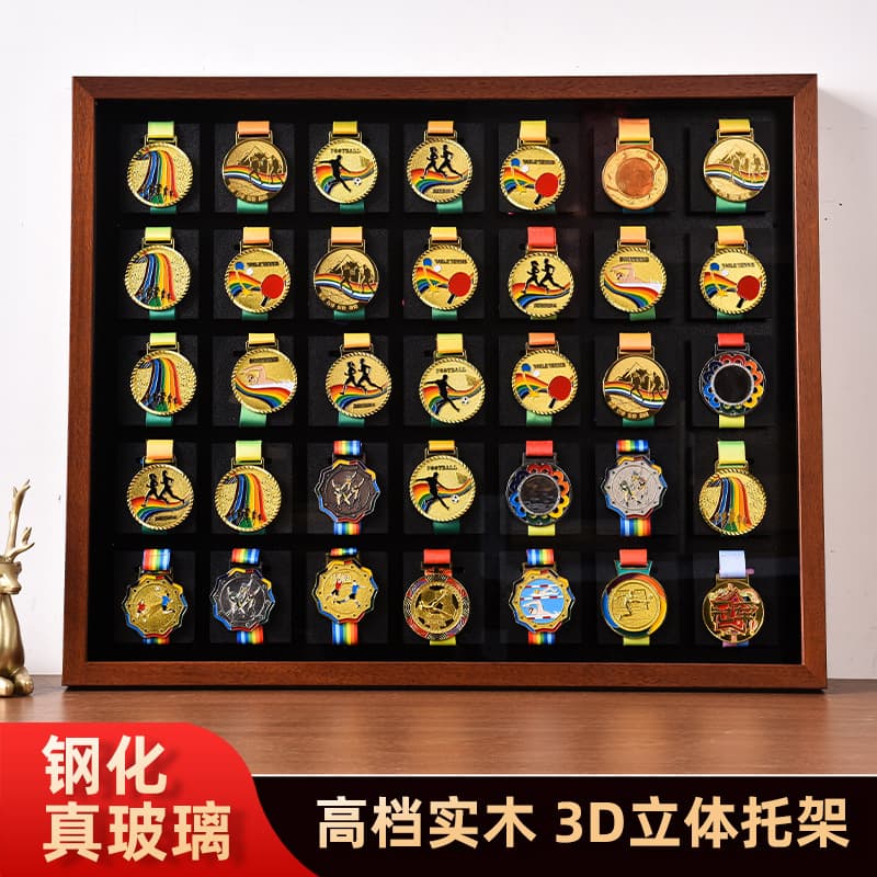 Marathon Medal Display Stand with High-End Solid Wood Frame, Gold Medal Storage Box, Photo Frame, Hollow Three-Dimensional Picture Frame, Tabletop Display