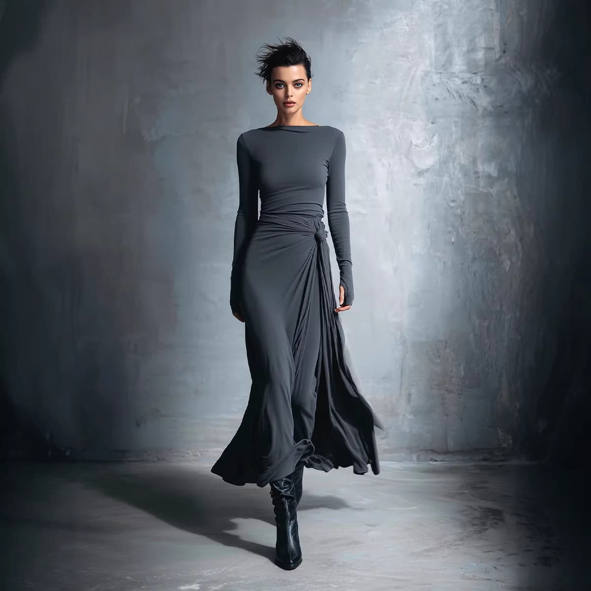 Amazon EU/US Winter Women's Gray Fine Jersey Wrap Dress with Knot Detail Maxi Dress