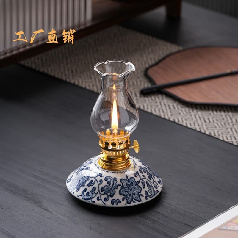 Blue And White Ceramic Lantern Vintage Oil Lamp Camping Atmosphere Lamp Long Burning Lamp Desktop Decoration Handmade Craft