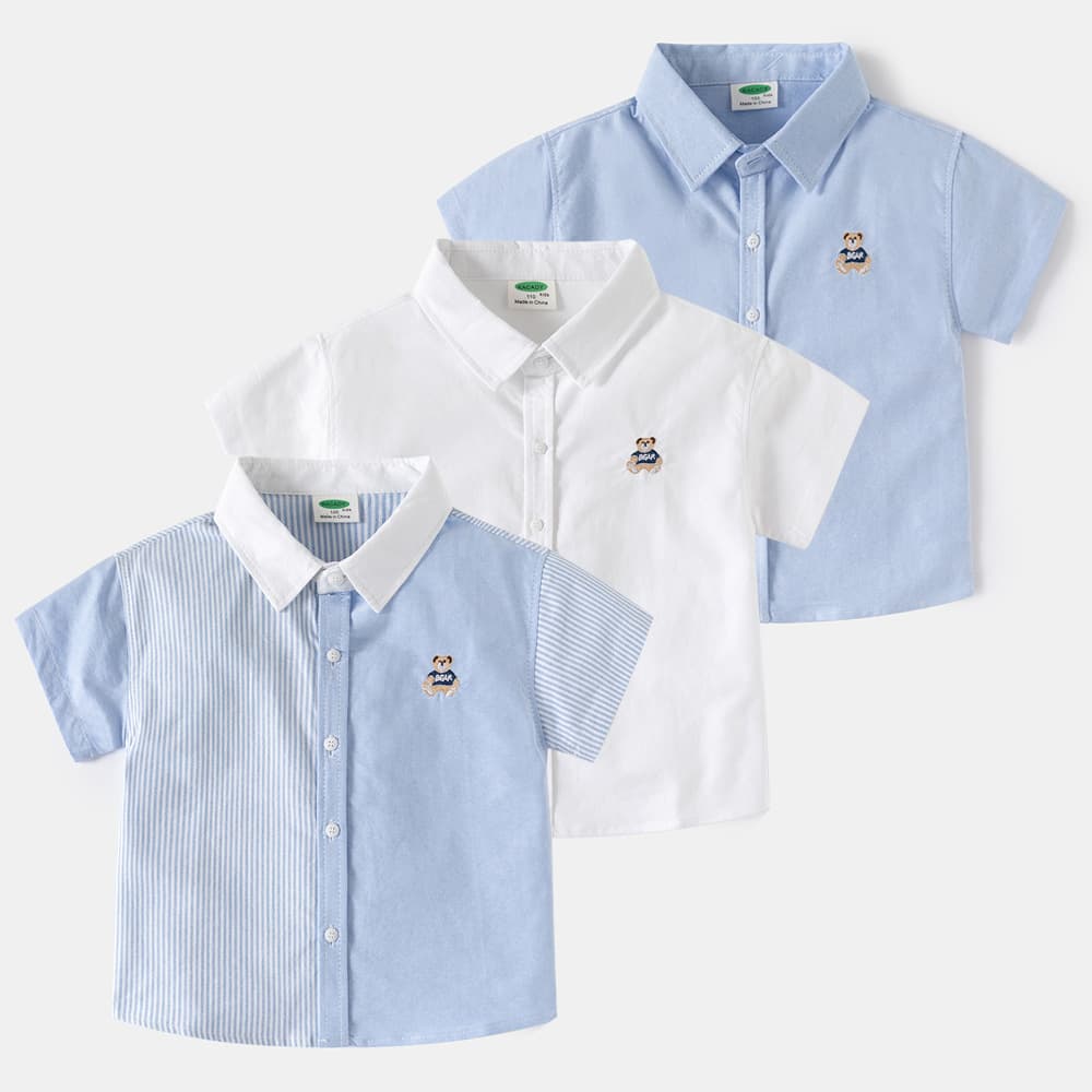 Children's Summer 2026 New Arrival Kids Short Sleeve Striped Shirt, Cartoon Solid Color Shirt for Toddlers and Older Kids