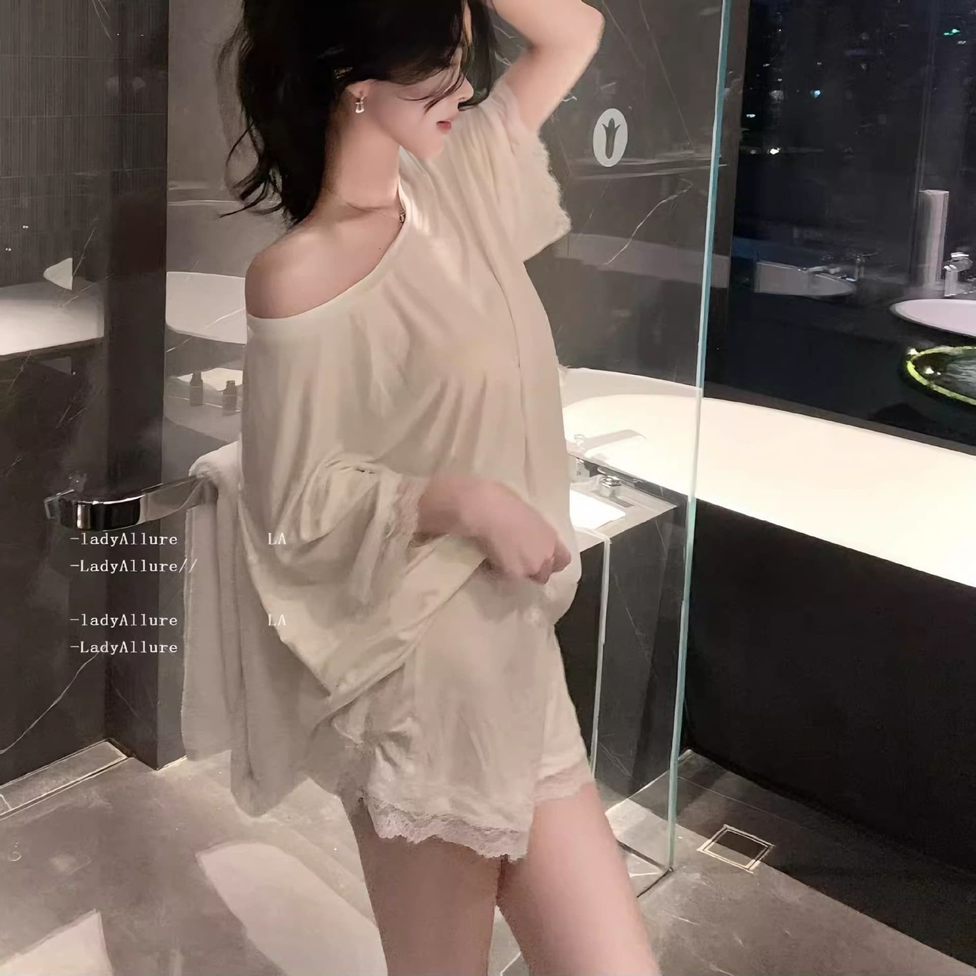 White Sexy Elegant Women's Sleepwear, Modal Summer with Built-in Bra Lace Plus Size Loungewear Set Wearable Outdoors