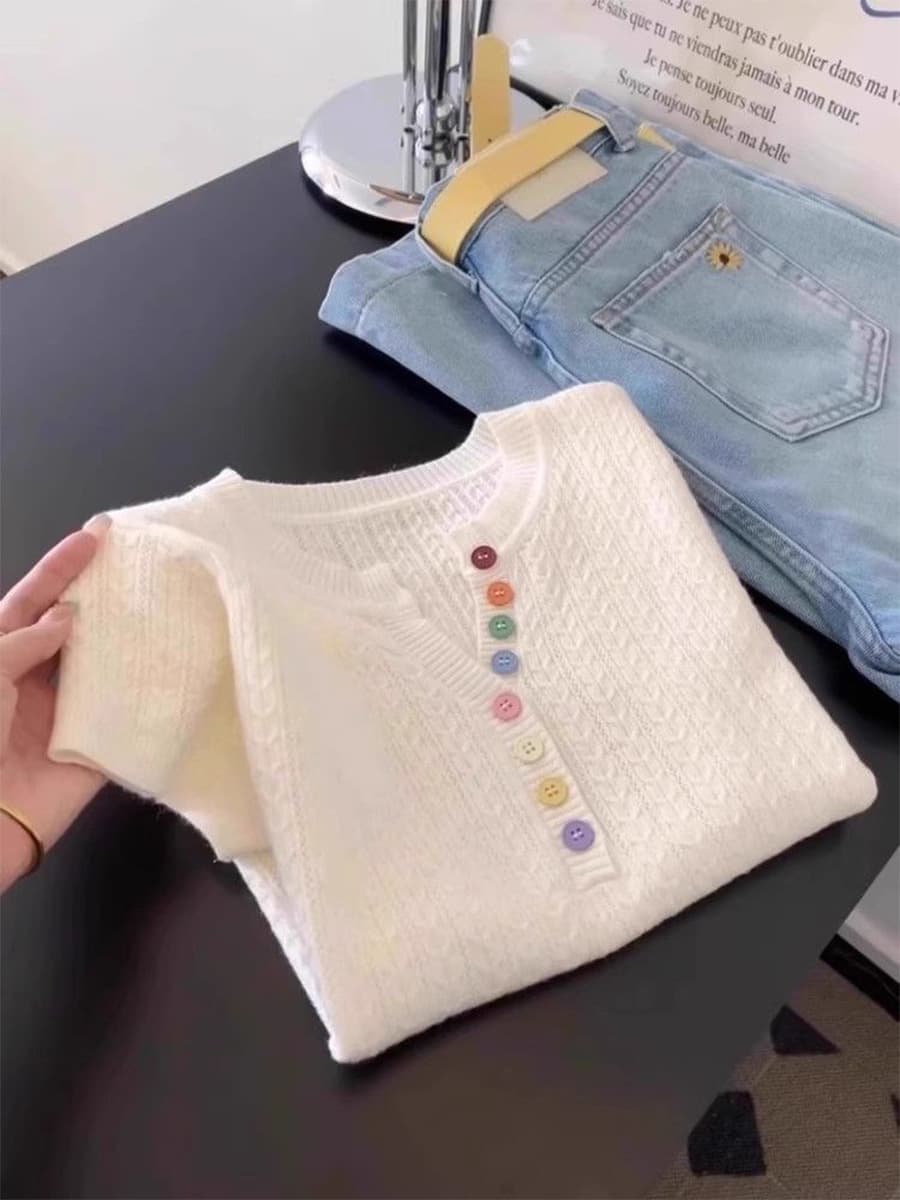 Colorful Button Short-Sleeve Knit Top for Women, Summer Korean Soft Style, Fashionable, Versatile, Chic, and Age-Defying