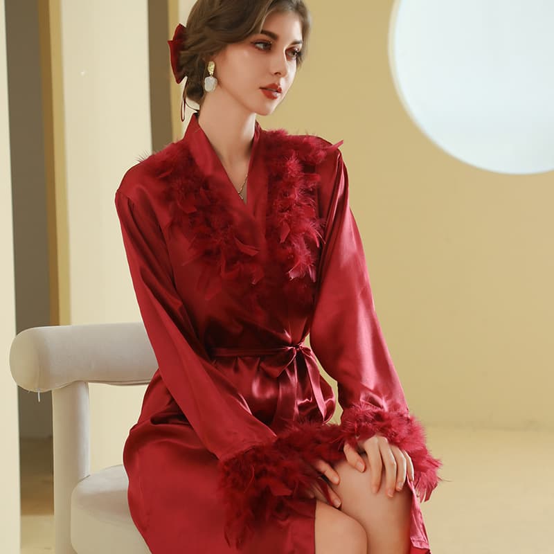 Bride Fur Collar Morning Robe, Women's Feather Long Sleepwear, Wedding Makeup Bridesmaid Group Kimono Satin Bathrobe