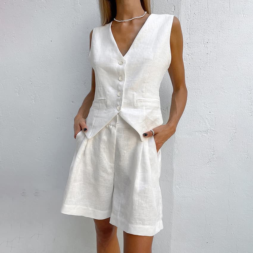 2026 Summer European and American Cross-border Trade Cotton Linen Blazer Vest Set Women's Casual Sleeveless Tank Top and Shorts Two-piece Set