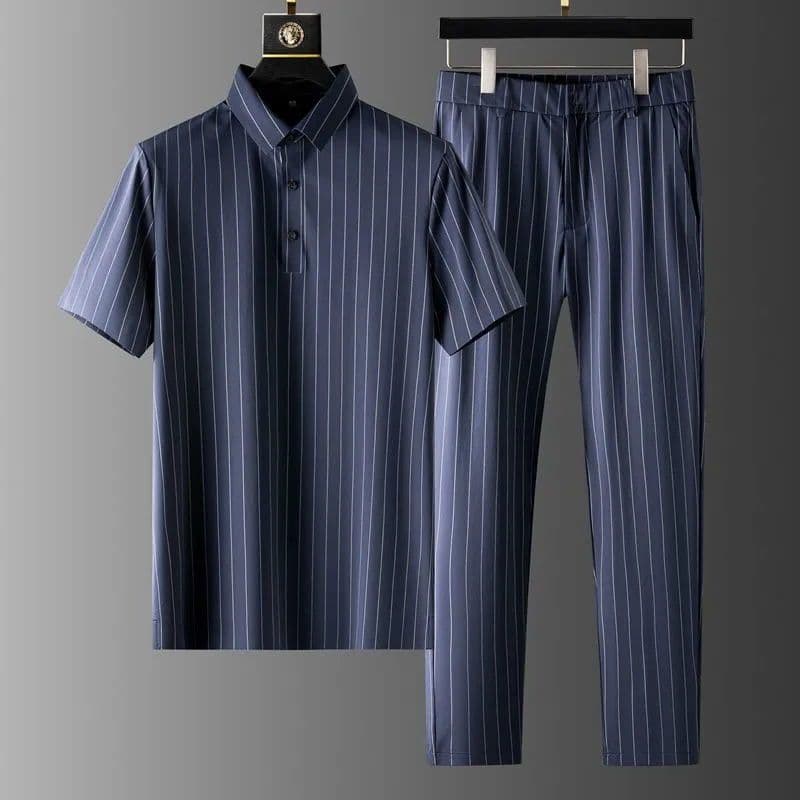 Men's Short Sleeve Casual Slim Fit Suit Summer Casual Short Sleeve Nine-Point Pants Thin Striped Two-Piece Set