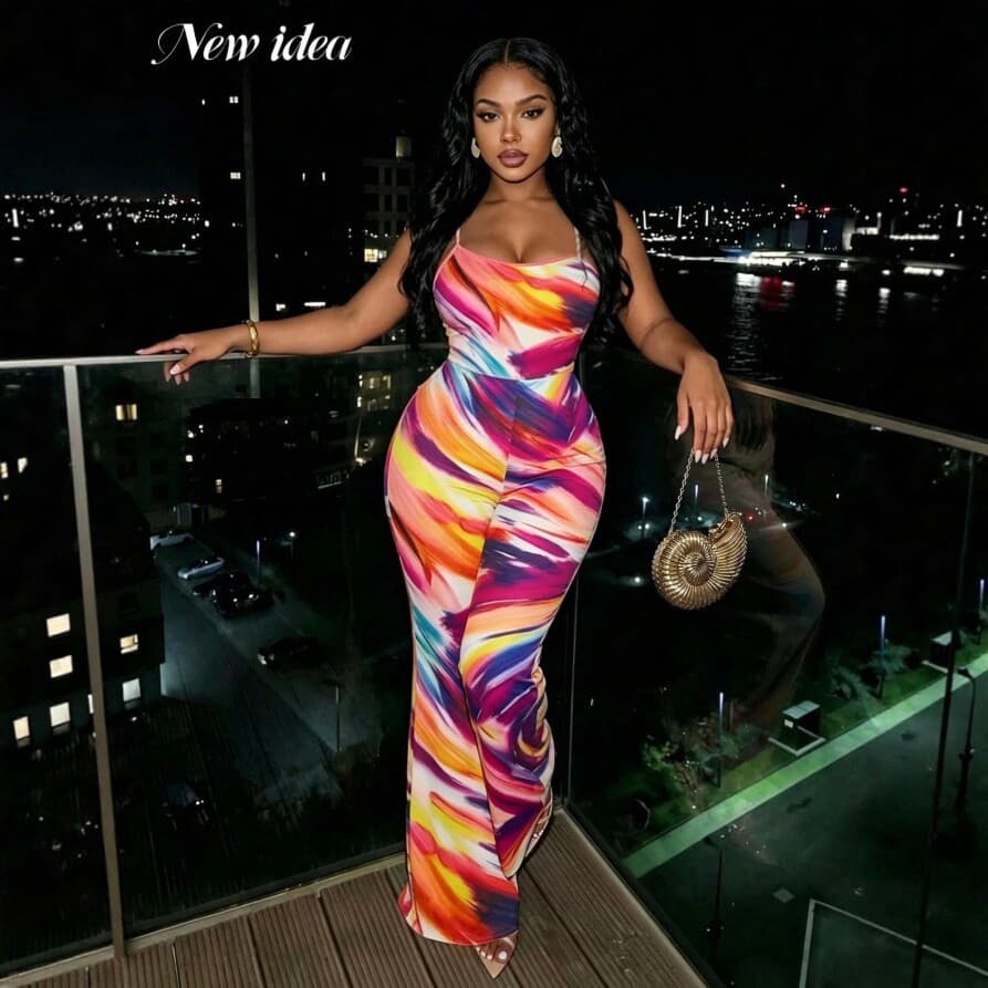 2026 New European and American Style Colorful Printed Slim Fit Jumpsuit Women's Summer Sexy Long Jumpsuit Cross-Border Bestseller