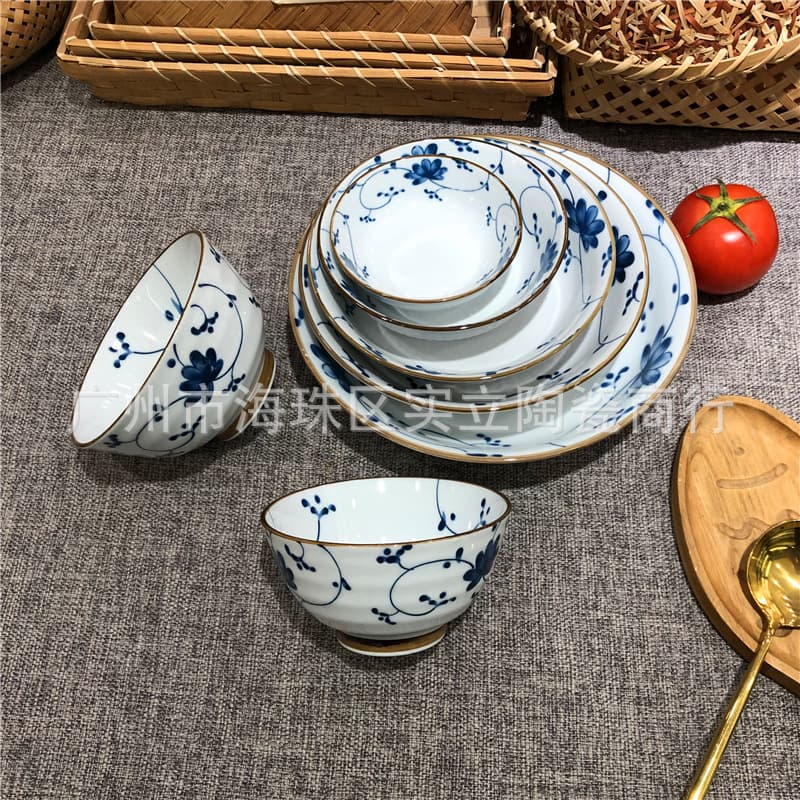 High-temperature underglaze Japanese-style retro blue and white porcelain series household rice bowl, soup bowl, vegetable plate, noodle bowl, snack bowl, fish plate